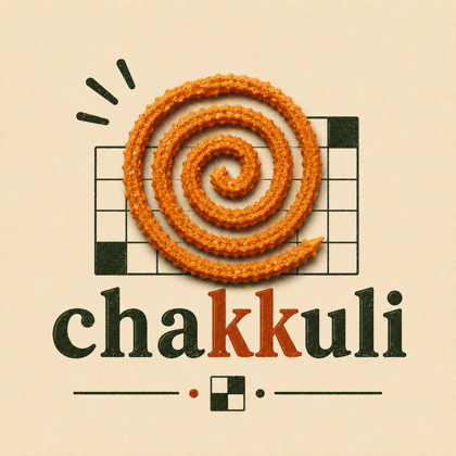 Chakkuli logo — a spiral chakkuli snack over a crossword grid