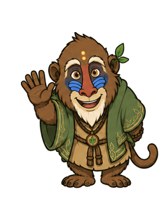 Sharpo, a friendly sage-monkey mascot, waving hello