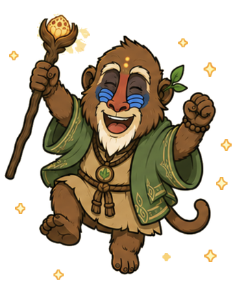 Sharpo leaping with a glowing staff amid sparkles